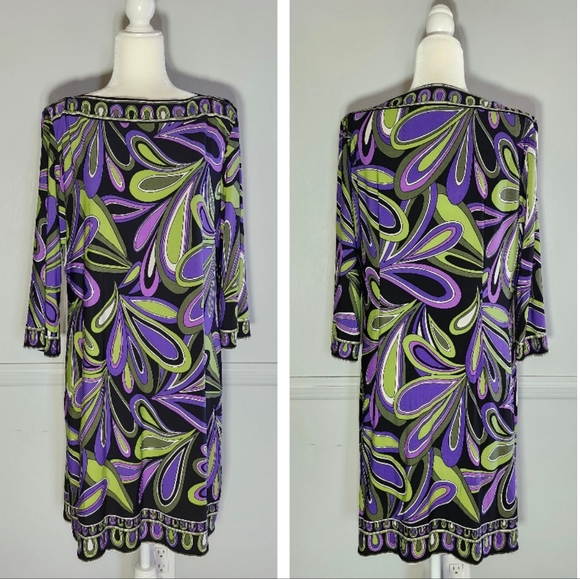 Sandra Darren Purple Green Cocktail Dress Knee-Length 3/4 Sleeve - Picture 1 of 5